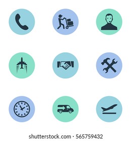 Set Of 9 Simple Engineering Icons. Can Be Found Such Elements As Call Up, Lorry, Departure And Other.