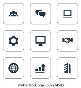 Set Of 9 Simple Entrepreneurship Icons. Can Be Found Such Elements As Computer, Earth, Gear And Other.