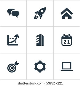 Set Of 9 Simple Entrepreneurship Icons. Can Be Found Such Elements As Computer, Line Graph, Discussion And Other.