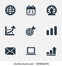Set Of 9 Simple Entrepreneurship Icons. Can Be Found Such Elements As Envelope, Earth, Computer And Other.