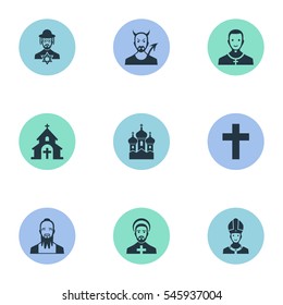 Set Of 9 Simple Faith Icons. Can Be Found Such Elements As Cleric, Devil, Catholic And Other.