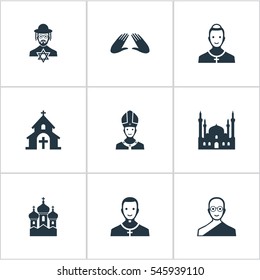 Set Of 9 Simple Faith Icons. Can Be Found Such Elements As Christian, Clergyman, Orison And Other.