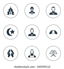 Set Of 9 Simple Faith Icons. Can Be Found Such Elements As Mohammedanism, Muslim, Cleric And Other.