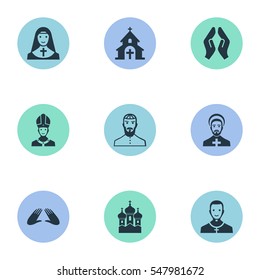 Set Of 9 Simple Faith Icons. Can Be Found Such Elements As Orison, Cleric, Pontiff And Other.