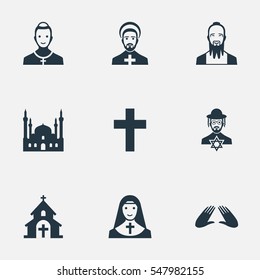 Set Of 9 Simple Faith Icons. Can Be Found Such Elements As Priestess, Christian, Chapel And Other.