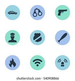 Set Of 9 Simple Fault Icons. Can Be Found Such Elements As Internet, Baseball Bat, Sheriff And Other.