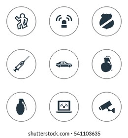 Set Of 9 Simple Fault Icons. Can Be Found Such Elements As Officer Badge, Grid, Automobile And Other.