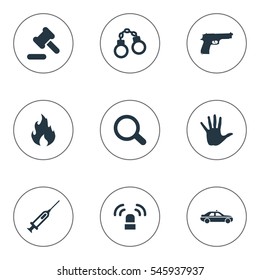 Set Of 9 Simple Fault Icons. Can Be Found Such Elements As Automobile, Magnifier, Pistol And Other.
