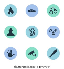 Set Of 9 Simple Fault Icons. Can Be Found Such Elements As Volunteer, Automobile, Baseball Bat And Other.