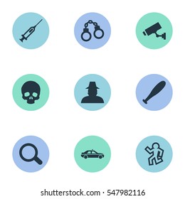 Set Of 9 Simple Fault Icons. Can Be Found Such Elements As Lock, Skeleton, Vaccine And Other.