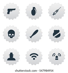 Set Of 9 Simple Fault Icons. Can Be Found Such Elements As Explode, Siren, Vaccine And Other.