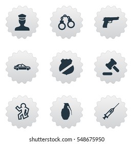 Set Of 9 Simple Fault Icons. Can Be Found Such Elements As Explode, Hammer, Officer Badge And Other.