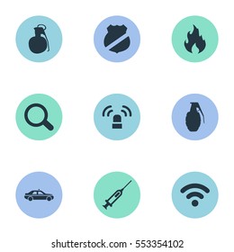 Set Of 9 Simple Fault Icons. Can Be Found Such Elements As Automobile, Officer Badge, Magnifier And Other.