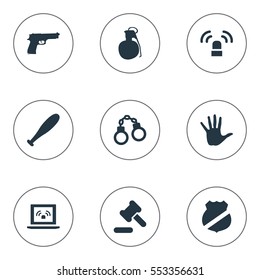 Set Of 9 Simple Fault Icons. Can Be Found Such Elements As Pistol, Lock, Grid And Other.