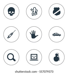 Set Of 9 Simple Fault Icons. Can Be Found Such Elements As Magnifier, Volunteer, Skeleton And Other.