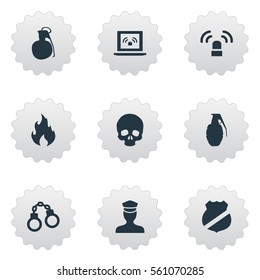 Set Of 9 Simple Fault Icons. Can Be Found Such Elements As Sheriff, Explode, Skeleton And Other.