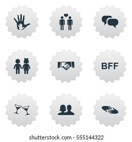 Set Of 9 Simple Fellows Icons. Can Be Found Such Elements As Homosexual, Gossip, Beverage And Other.