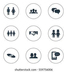 Set Of 9 Simple Fellows Icons. Can Be Found Such Elements As Friendship, Partner, Gossip And Other.