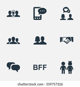 Set Of 9 Simple Fellows Icons. Can Be Found Such Elements As Partner, Beer, Online Talking And Other.