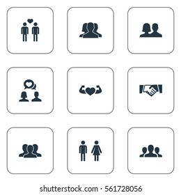 Set Of 9 Simple Fellows Icons. Can Be Found Such Elements As Partner, Homosexual, Friendship And Other.