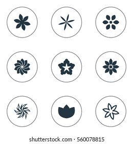 Set Of 9 Simple Flower Icons. Can Be Found Such Elements As Floral, Cypress, Camomile And Other.