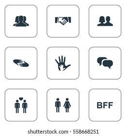 Set Of 9 Simple Friends Icons. Can Be Found Such Elements As Friendship, Ensemble, Helpful And Other.