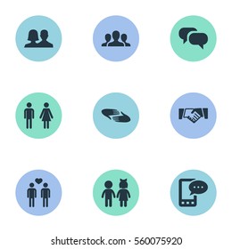 Set Of 9 Simple Friends Icons. Can Be Found Such Elements As Gossip, Charity, Partner And Other.