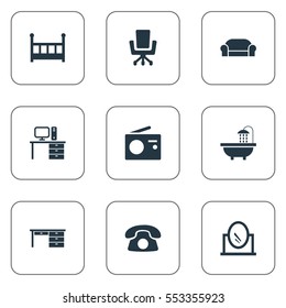Set Of 9 Simple Furnishings Icons. Can Be Found Such Elements As Ring Up, Tub, Transmission And Other.