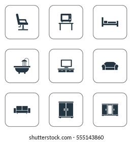 Set Of 9 Simple Furnishings Icons. Can Be Found Such Elements As Tub, Closet, Wardrobe And Other.