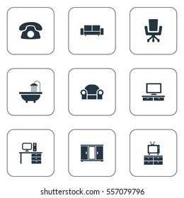 Set Of 9 Simple Furnishings Icons. Can Be Found Such Elements As Wardrobe, Telly, Seat And Other.