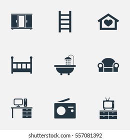 Set Of 9 Simple Furnishings Icons. Can Be Found Such Elements As Wardrobe, Crib, Transmission And Other.