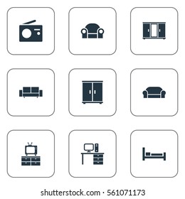 Set Of 9 Simple Furnishings Icons. Can Be Found Such Elements As Stillage, Display, Davenport And Other.