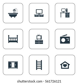 Set Of 9 Simple Furnishings Icons. Can Be Found Such Elements As Crib, Tub, Stairway And Other.