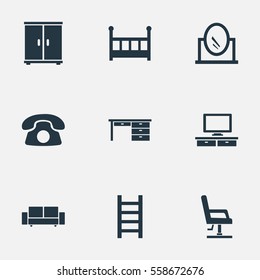 Set Of 9 Simple Furniture Icons. Can Be Found Such Elements As Telly, Looking-Glass, Closet And Other.