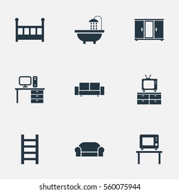 Set Of 9 Simple Furniture Icons. Can Be Found Such Elements As Display, Davenport, Wardrobe And Other.