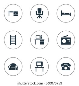 Set Of 9 Simple Furniture Icons. Can Be Found Such Elements As Ring Up, Settee, Stillage And Other.