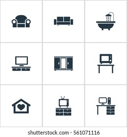 Set Of 9 Simple Furniture Icons. Can Be Found Such Elements As Wardrobe, Dwelling, Davenport And Other.