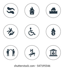 Set Of 9 Simple Fuse Icons. Can Be Found Such Elements As Handicapped, Electric Shock  Jeopardy, Banking House.