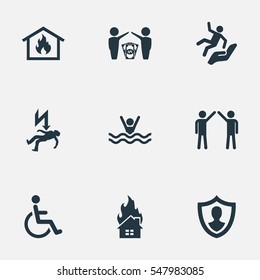 Set Of 9 Simple Fuse Icons. Can Be Found Such Elements As Protect Currency, Handicapped, Smothered Male.