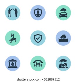Set Of 9 Simple Fuse Icons. Can Be Found Such Elements As Electric Shock  Jeopardy, Safeguard, Protect From Torrent And Other.