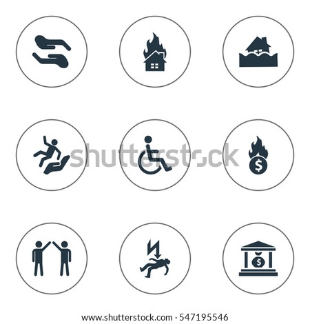 Set Of 9 Simple Fuse Icons. Can Be Found Such Elements As Handicapped, Electric Shock  Jeopardy, Banking House.
