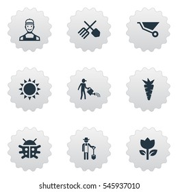 Set Of 9 Simple Garden Icons. Can Be Found Such Elements As Blossom, Horticulture Equipment, Worker And Other.