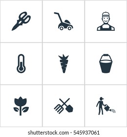 Set Of 9 Simple Garden Icons. Can Be Found Such Elements As Grass Cutting Machine, Horticulture Equipment, Root And Other.