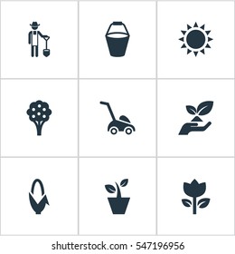Set Of 9 Simple Garden Icons. Can Be Found Such Elements As Plougher, Grass Cutting Machine, Blossom And Other.