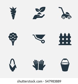 Set Of 9 Simple Garden Icons. Can Be Found Such Elements As Maize, Parapet, Grass Cutting Machine And Other.