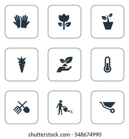 Set Of 9 Simple Garden Icons. Can Be Found Such Elements As Wheelbarrow, Rescue Nature, Farmer And Other.