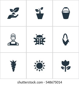 Set Of 9 Simple Garden Icons. Can Be Found Such Elements As Flowerpot, Sunshine, Rescue Nature And Other.