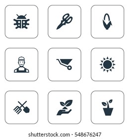 Set Of 9 Simple Garden Icons. Can Be Found Such Elements As Sunshine, Rescue Nature, Wheelbarrow And Other.
