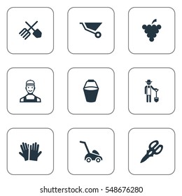 Set Of 9 Simple Garden Icons. Can Be Found Such Elements As Shear, Horticulture Equipment, Plougher And Other.