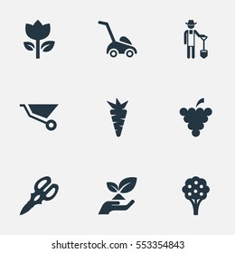 Set Of 9 Simple Garden Icons. Can Be Found Such Elements As Wheelbarrow, Grass Cutting Machine, Shear And Other.